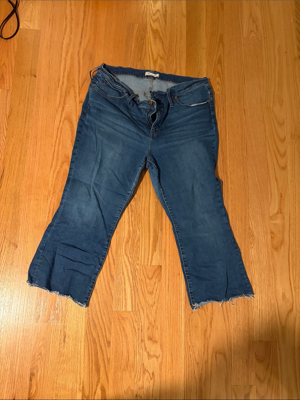 Madewell Medium Blue Cropped Flare Jeans with Frayed Hem